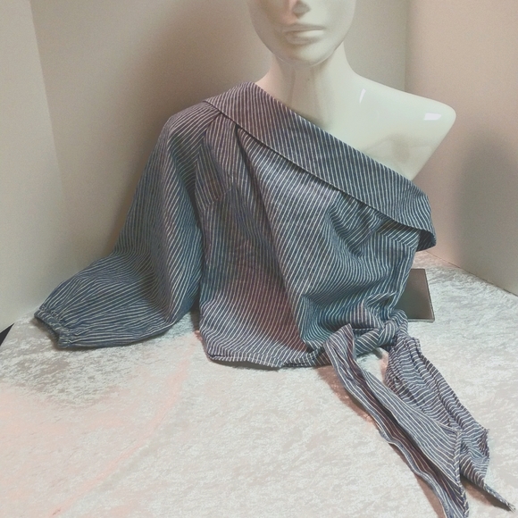 Free People One Shoulder Crop Top Waist Cotton Linen Stripe Blue White Small - Picture 2 of 13